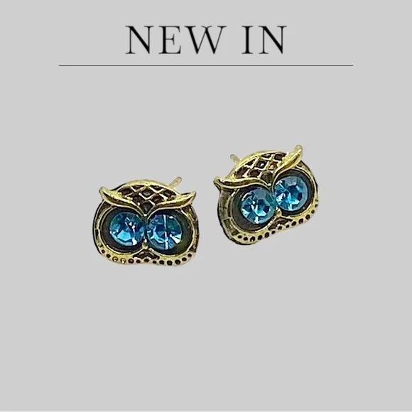 💝 New Blue Rhinestone Whimsical Owl Head Earrings Gold Tone Alloy Stud Earring - Picture 4 of 5